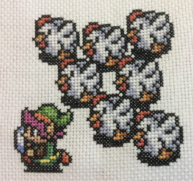 Cross stitched Link with Cuccos